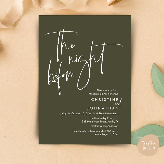 The night before, Casual Wedding Rehearsal Dinner Invitation (The night before, Casual Modern Wedding Rehearsal Dinner Invitation Card PDF Olive Green)