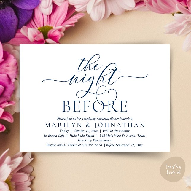The Night Before, Classy Wedding Rehearsal Dinner Invitation (The Night Before, Classy Romantic Wedding Rehearsal Dinner Party Invitation Card PDF in Navy Blue)