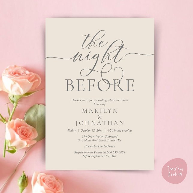 The Night Before, Classy Wedding Rehearsal Dinner Invitation (The Night Before, Classy Romantic Wedding Rehearsal Dinner Party Invitation Card PDF in Cream Grey)