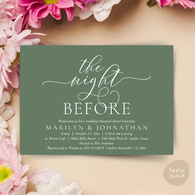 The Night Before, Classy Wedding Rehearsal Dinner Invitation (The Night Before, Classy Romantic Wedding Rehearsal Dinner Party Invitation Card PDF in Sage Green)