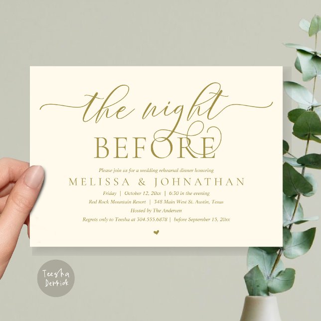 The Night Before, Classy Wedding Rehearsal Dinner Invitation (The Night Before, Modern Wedding Rehearsal Dinner Romance Invitation Card, PDF, Yellow Gold)