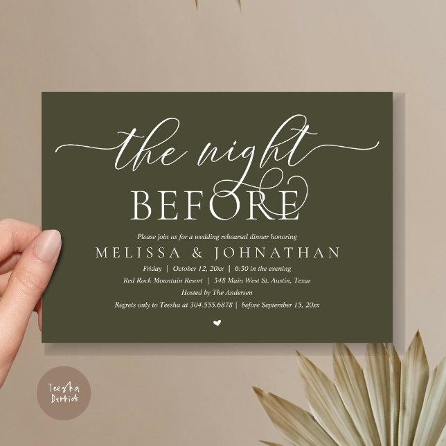 The Night Before, Classy Wedding Rehearsal Dinner Invitation (The Night Before, Modern Wedding Rehearsal Dinner Romance Invitation Card, PDF, Olive Green)