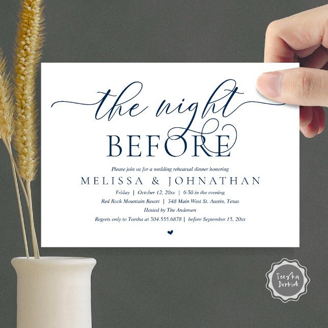 The Night Before, Classy Wedding Rehearsal Dinner Invitation (The Night Before, Modern Wedding Rehearsal Dinner Romance Invitation Card, PDF, Navy Blue)