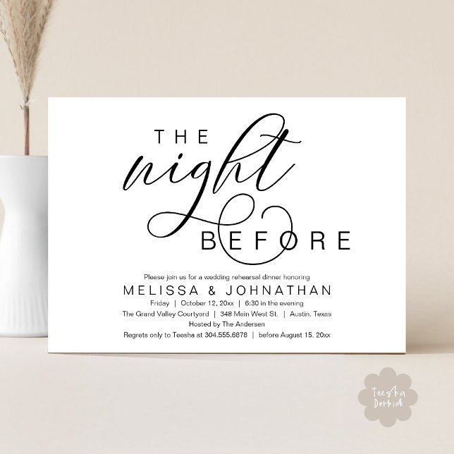 The Night Before, Classy Wedding Rehearsal Dinner Invitation (The Night Before, Classy Romantic Wedding Rehearsal Dinner Invitation Card PDF Modern White Black)