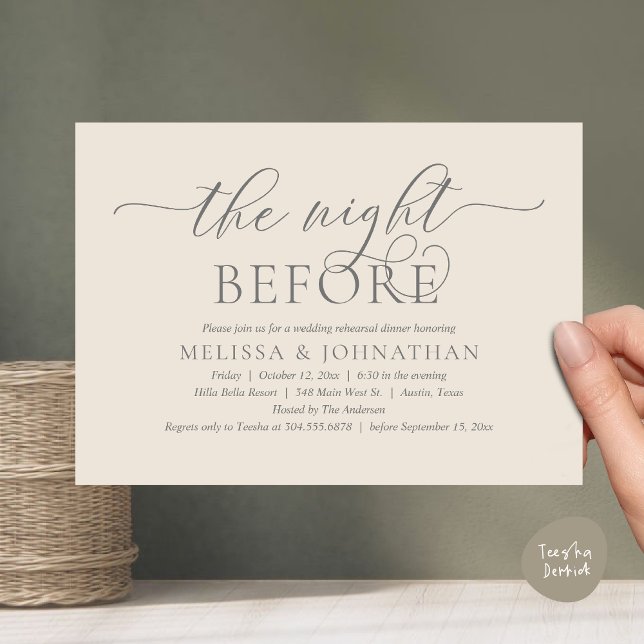 The Night Before, Classy Wedding Rehearsal Dinner Invitation (The Night Before, Classy Romantic Wedding Rehearsal Dinner Invitation Card PDF Cream Grey)