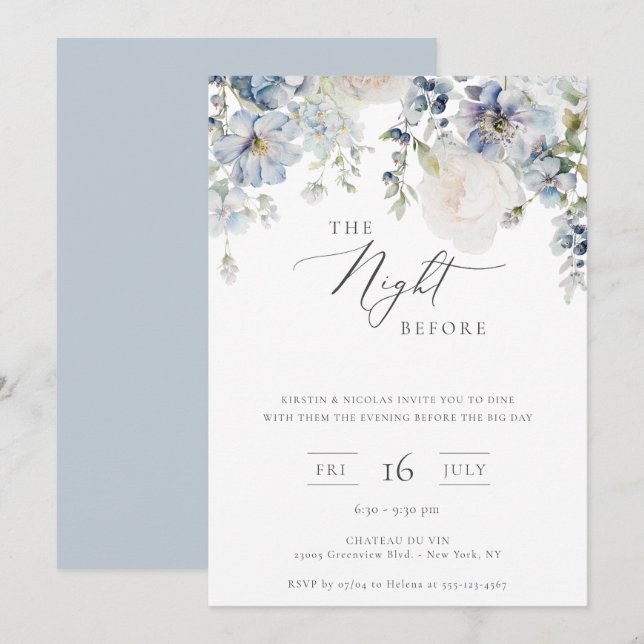 The Night Before Dusty Blue Floral Invitation (Front/Back)