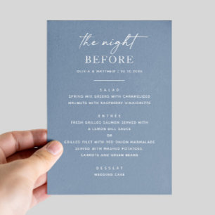 The night before. Dusty blue rehearsal dinner Menu