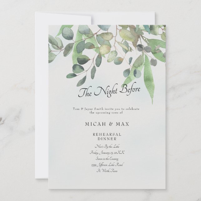 The Night Before Eucalyptus Wedding Rehearsal  Invitation (Front)