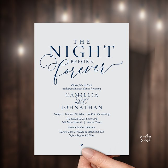 “The Night Before Forever” Modern Rehearsal Dinner Invitation (“The Night Before Forever” Modern classy minimalist Rehearsal Dinner Invitation Card navy blue grey)