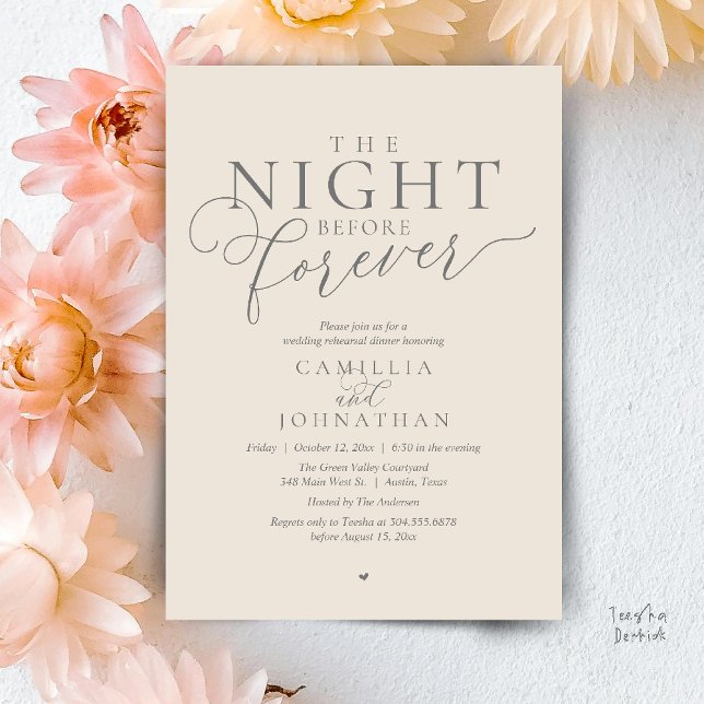 “The Night Before Forever” Modern Rehearsal Dinner Invitation (“The Night Before Forever” Modern classy minimalist Rehearsal Dinner Invitation Card cream grey)