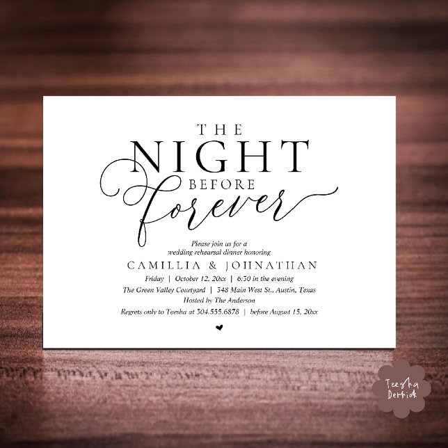 “The Night Before Forever” Modern Rehearsal Dinner Invitation (“The Night Before Forever” Modern Classy Rehearsal Dinner Invitation card in black and white)