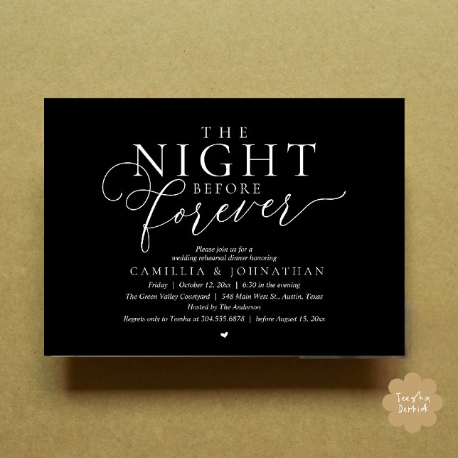 “The Night Before Forever” Modern Rehearsal Dinner Invitation (“The Night Before Forever” Modern Classy Rehearsal Dinner Invitation card in minimalist black)