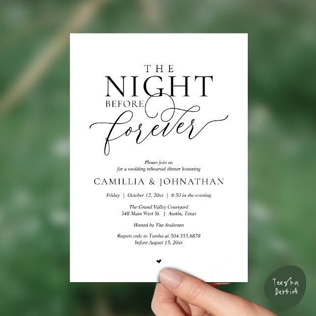 “The Night Before Forever” Modern Rehearsal Dinner Invitation (“The Night Before Forever” Modern Rehearsal Dinner Invitation Card in Black and White)