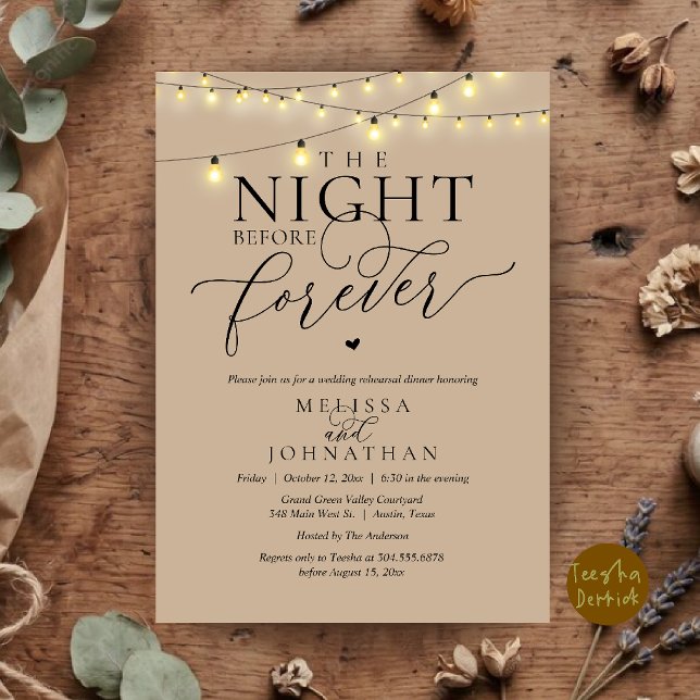 The Night Before Forever Romantic Rehearsal Dinner Invitation (The Night Before Forever Romantic Rehearsal Dinner Invitation Card Brown Tan String Lights)