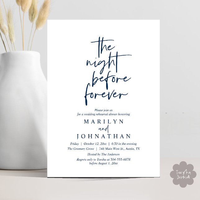 The Night Before Forever, Wedding Rehearsal Dinner Invitation (The Night Before Forever, Modern Minimal Wedding Rehearsal Dinner Invitation Card in Navy Blue)