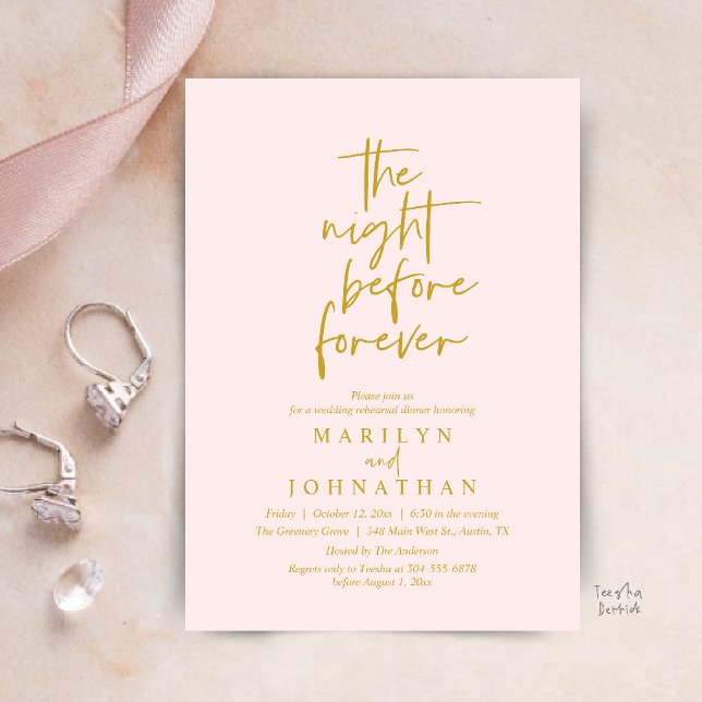 The Night Before Forever, Wedding Rehearsal Dinner Invitation (The Night Before Forever, Modern Minimal Wedding Rehearsal Dinner Invitation Card in Gold Blush)