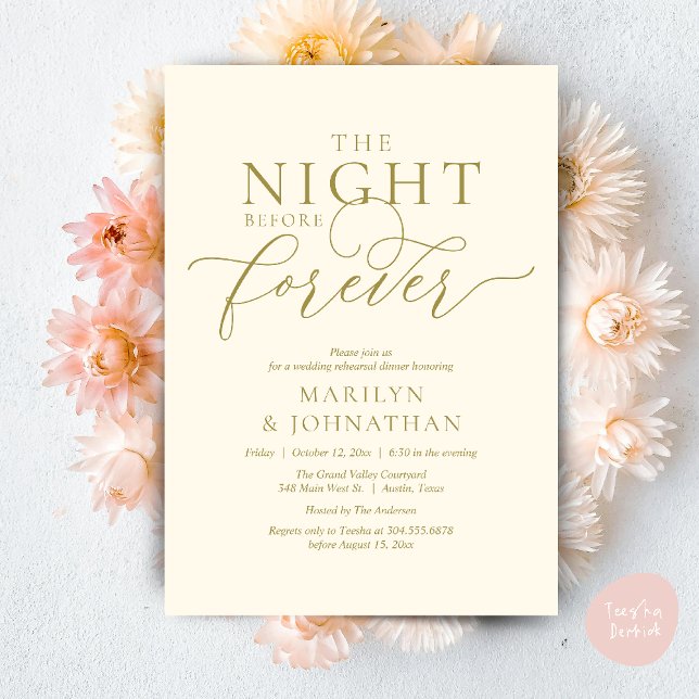 The Night Before Forever, Wedding Rehearsal Dinner Invitation (The Night Before Forever Wedding Rehearsal Dinner Romantic Classy Invites Card PDF in Yellow Gold)