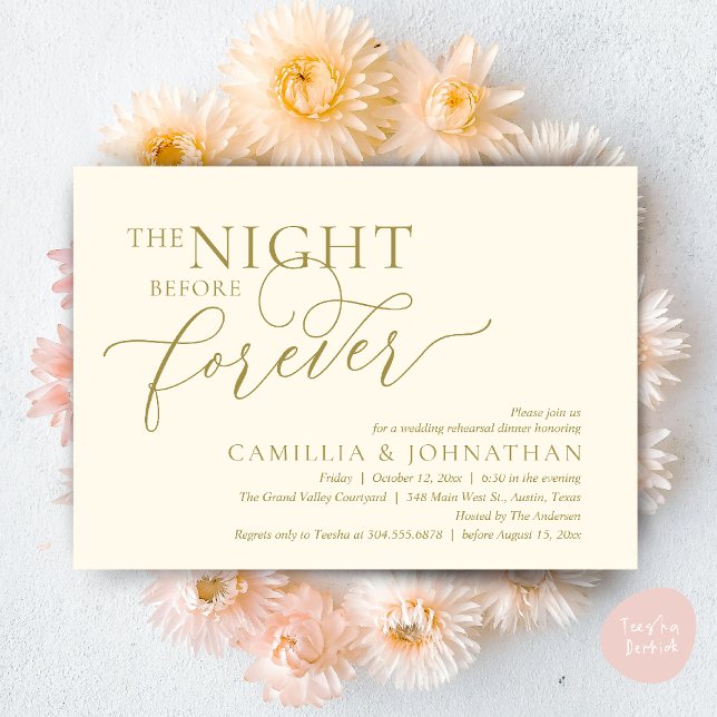 The Night Before Forever, Wedding Rehearsal Dinner Invitation (The Night Before Forever Wedding Rehearsal Dinner Romantic Classy Invites Card PDF in Yellow Gold)