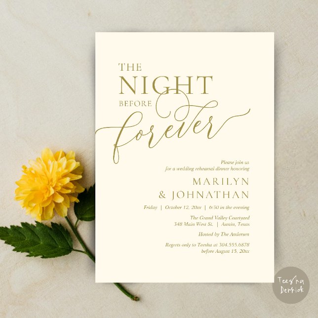 The Night Before Forever, Wedding Rehearsal Dinner Invitation (The Night Before Forever Wedding Rehearsal Dinner Romantic Classy Invites Card PDF in Yellow Gold)