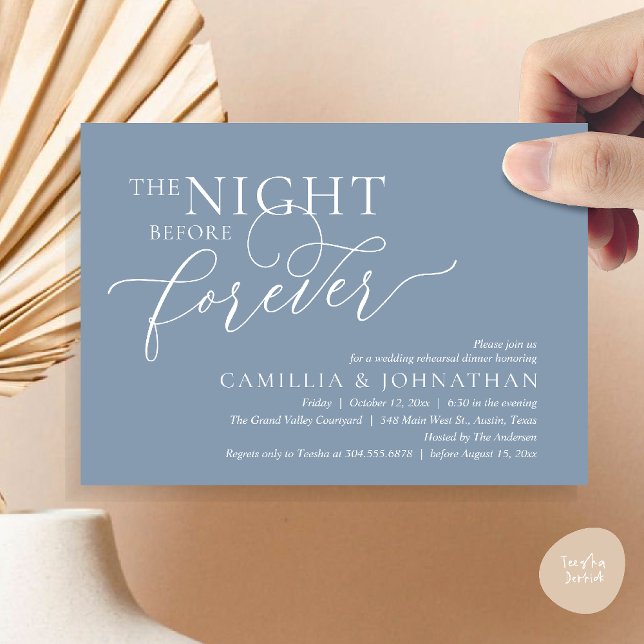 The Night Before Forever, Wedding Rehearsal Dinner Invitation (The Night Before Forever Wedding Rehearsal Dinner Romantic Classy Invites Card PDF in Dusty Blue)