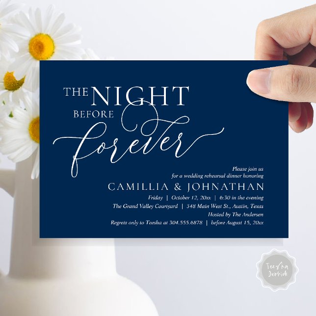 The Night Before Forever, Wedding Rehearsal Dinner Invitation (The Night Before Forever Wedding Rehearsal Dinner Romantic Classy Invites Card PDF in Navy Blue)
