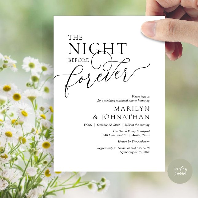 The Night Before Forever, Wedding Rehearsal Dinner Invitation (The Night Before Forever Wedding Rehearsal Dinner Romantic Classy Invites Card PDF in White Black)