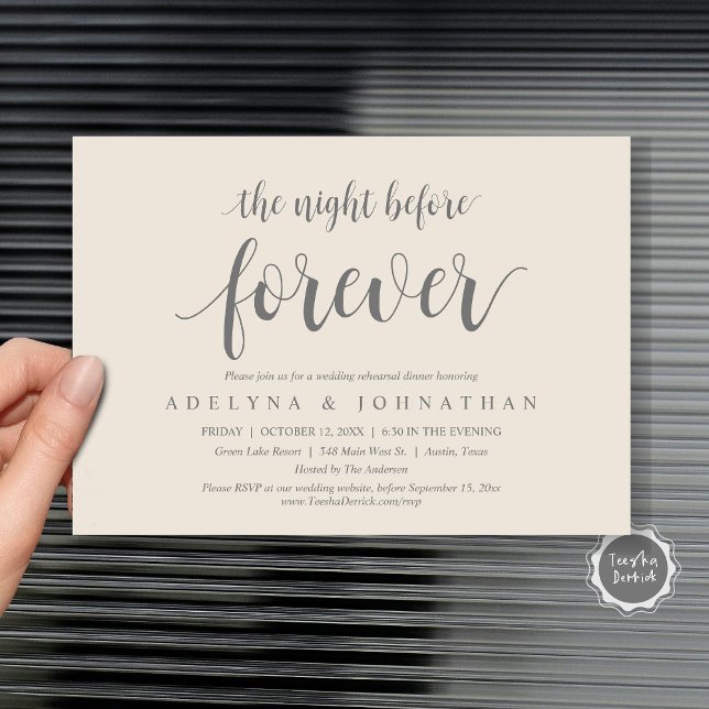 The Night Before Forever, Wedding Rehearsal Dinner Invitation (The Night Before Forever, Wedding Rehearsal Dinner Invitation Card, in dark grey and cream themed.)