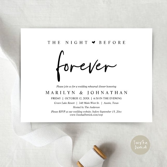 The Night Before Forever, Wedding Rehearsal Dinner Invitation (The Night Before Forever, Modern Wedding Rehearsal Dinner Invitation Card, PDF, in Black and White)