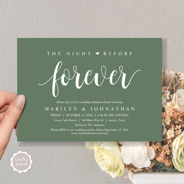 The Night Before Forever, Wedding Rehearsal Dinner Invitation (The Night Before Forever, Wedding Rehearsal Dinner Invitation Card, PDF, Rustic, Forest Sage Green)
