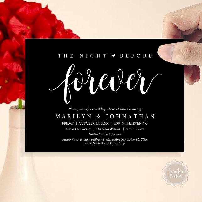 The Night Before Forever, Wedding Rehearsal Dinner Invitation (The Night Before Forever, Wedding Rehearsal Dinner Invitation Card, PDF, Retro Rustic, Classy Black)