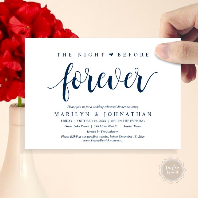 The Night Before Forever, Wedding Rehearsal Dinner Invitation (The Night Before Forever, Wedding Rehearsal Dinner Invitation Card, PDF, Classy Rustic, Navy Blue)