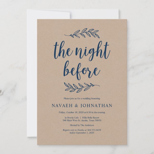 The night before, Kraft Navy Blue Rehearsal Dinner Invitation (Front)