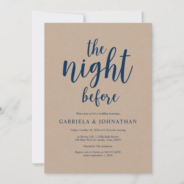 The night before, Kraft Navy Blue Rehearsal Dinner Invitation (Front)
