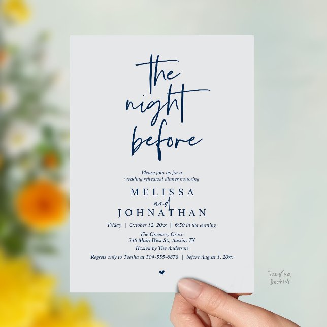 The night before, Modern Wedding Rehearsal Dinner Invitation (The night before, Modern minimalist Wedding Rehearsal Dinner Invitation card in navy blue chill grey)