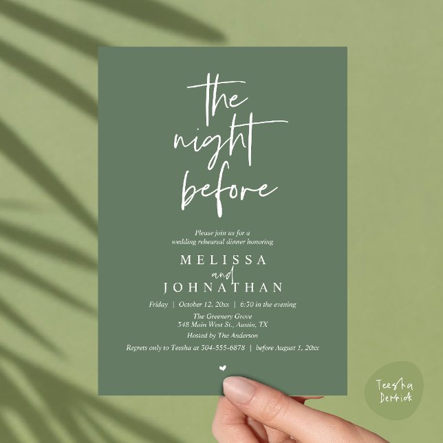 The night before, Modern Wedding Rehearsal Dinner Invitation (The night before, Modern minimalist Wedding Rehearsal Dinner Invitation card in sage green)