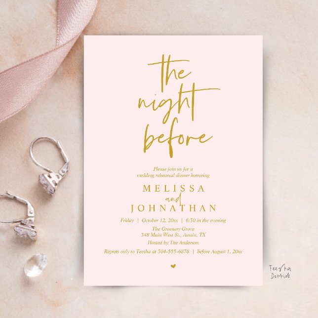 The night before, Modern Wedding Rehearsal Dinner Invitation (The night before, Modern minimalist Wedding Rehearsal Dinner Invitation card in gold blush)