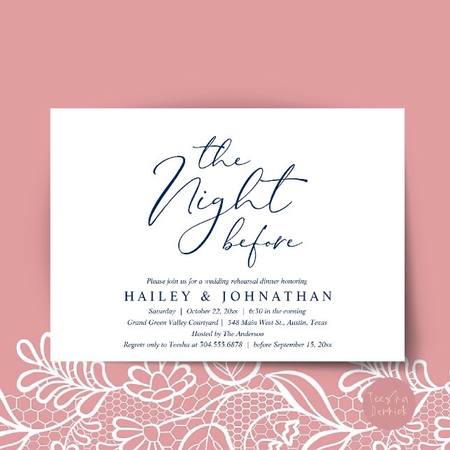 The Night Before, Modern Wedding Rehearsal Dinner Invitation (The Night Before, Modern Romantic Wedding Rehearsal Dinner Invitation Card in Navy Blue)