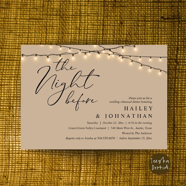 The Night Before, Modern Wedding Rehearsal Dinner Invitation (The Night Before, Modern Romantic Wedding Rehearsal Dinner Invite Card in String Lights Brown Tan)