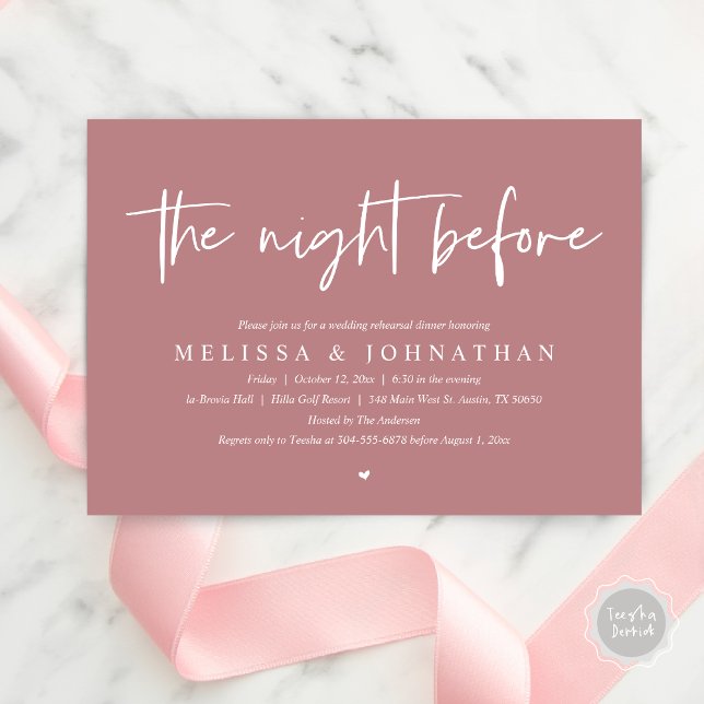 The Night Before, Modern Wedding Rehearsal Dinner Invitation (The Night Before Wedding Rehearsal Dinner Invitation Card, PDF, Modern Minimalist Dusty Rose Pink)