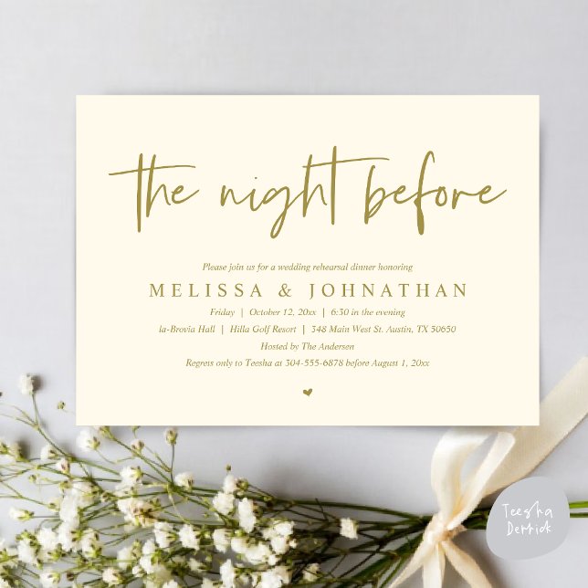 The Night Before, Modern Wedding Rehearsal Dinner Invitation (The Night Before Wedding Rehearsal Dinner Invitation Card, PDF, Modern Minimalist Yellow Gold)