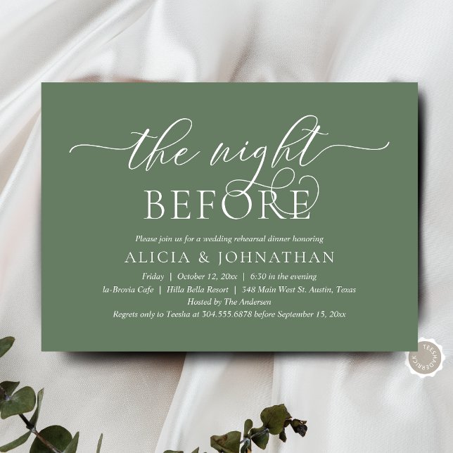 The Night Before, Modern Wedding Rehearsal Dinner Invitation (The Night Before, Wedding Rehearsal Dinner Invitation Card, in Modern Rustic Sage Green Greenery)