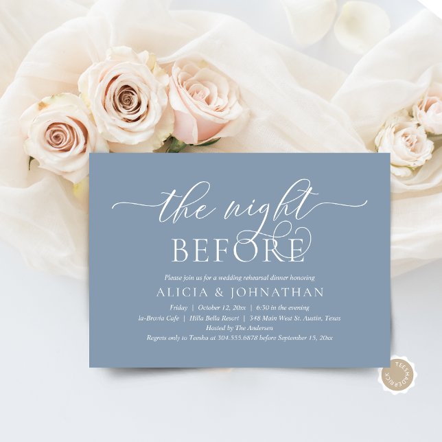 The Night Before, Modern Wedding Rehearsal Dinner Invitation (The Night Before, Wedding Rehearsal Dinner  Invitation Card, in Modern Contemporary Dusty Blue theme)