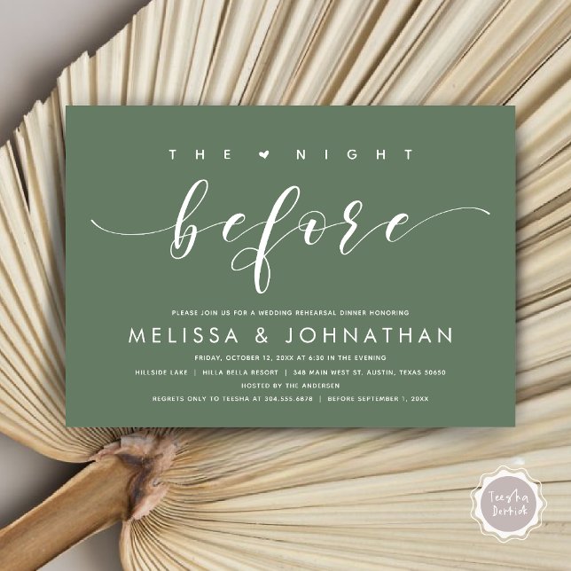 The Night Before, Modern Wedding Rehearsal Dinner  Invitation (The Night Before, Modern Wedding Rehearsal Dinner Invitation Card, PDF, in Forest Sage Green)