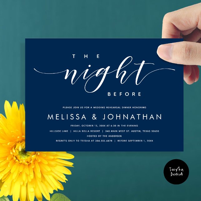 The Night Before, Modern Wedding Rehearsal Dinner  Invitation (The Night Before, Modern Wedding Rehearsal Dinner Invitation Card, PDF, in Classy Navy Blue)
