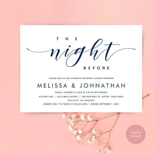 The Night Before, Modern Wedding Rehearsal Dinner  Invitation (The Night Before, Modern Wedding Rehearsal Dinner Invitation Card, PDF, in Classy Navy Blue)