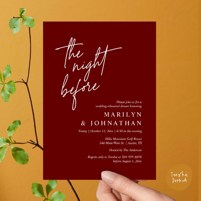 The Night Before, Modern Wedding Rehearsal Dinner Invitation (The Night Before, Modern Wedding Rehearsal Dinner Invitation Card PDF in Burgundy Wine Red)