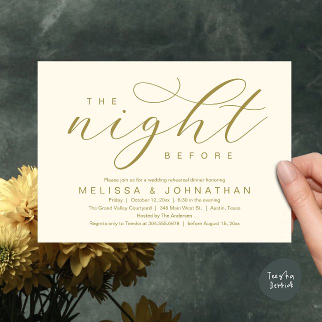The Night Before, Modern Wedding Rehearsal Dinner Invitation (The Night Before, Classy Wedding Rehearsal Dinner Invitation card PDF Modern aesthetic Yellow Gold)