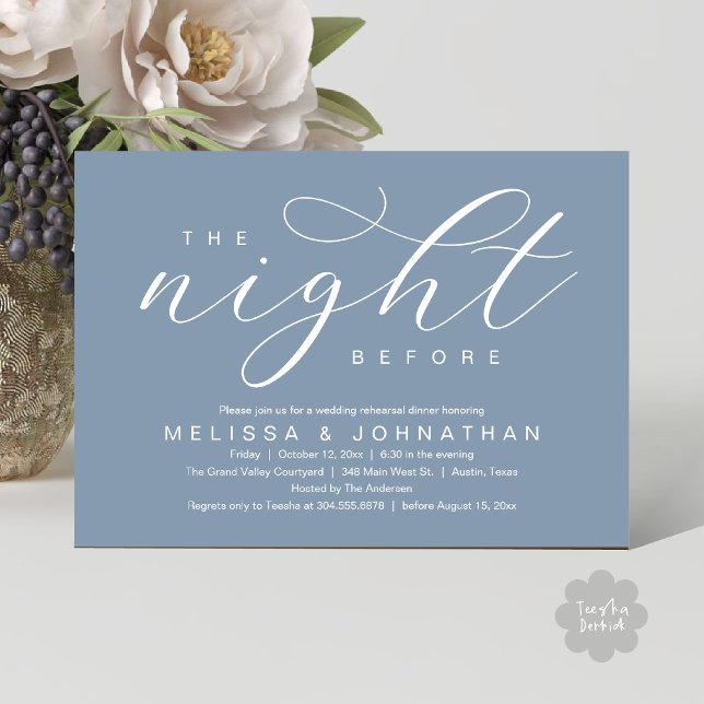 The Night Before, Modern Wedding Rehearsal Dinner Invitation (The Night Before, Classy Modern Wedding Rehearsal Dinner Invitation Card PDF Aesthetic Dusty Blue)