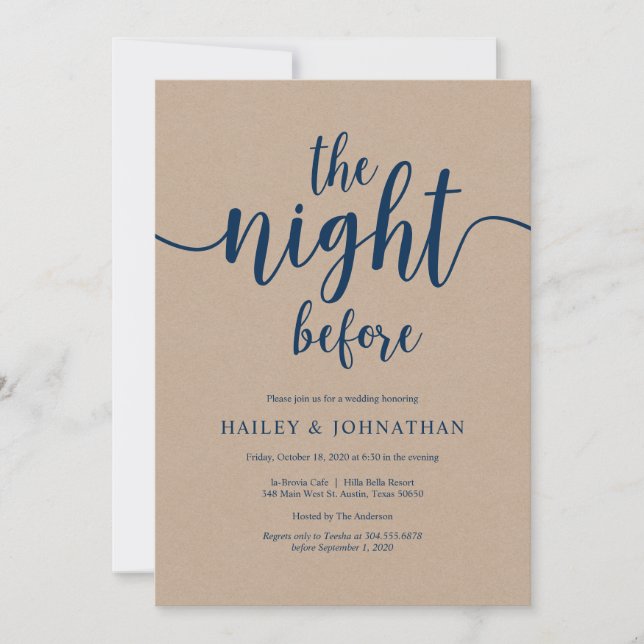 The night before, Navy Blue Kraft Rehearsal Dinner Invitation (Front)