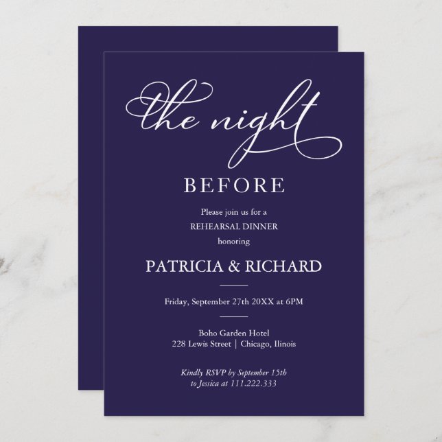 The Night Before Navy Blue Rehearsal Dinner Invitation (Front/Back)